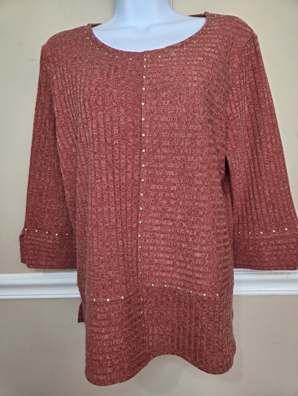 Alfred Dunner Rust Red Ribbed Stud-Trim Pullover Petite PL.